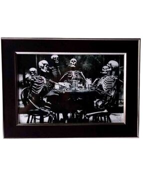 Skeletons Skulls playing cards drinking at table  having fun frame photo print